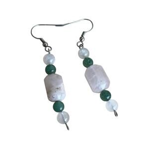 Jadeite and Quartz Hook Earrings, Vintage Drop Earrings